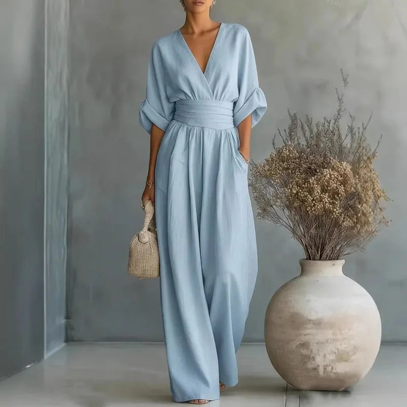 Damen Jumpsuit im Wrap-Stil mit weitem Bein in Sky Blue