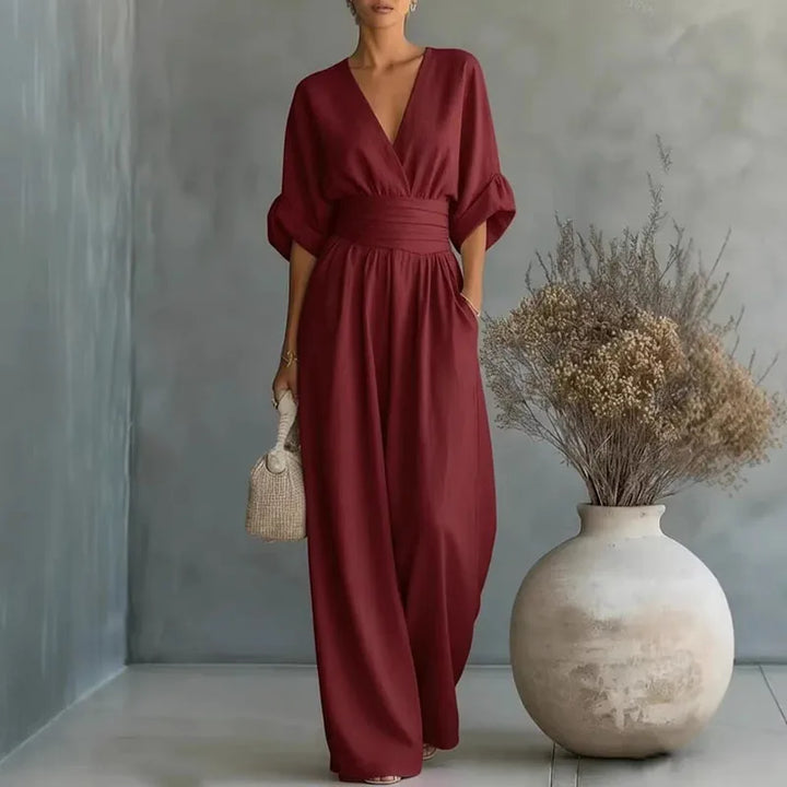Damen Jumpsuit im Wrap-Stil mit weitem Bein in Weinrot