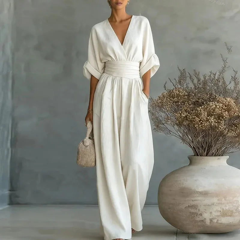 Damen Jumpsuit im Wrap-Stil mit weitem Bein in Weiß