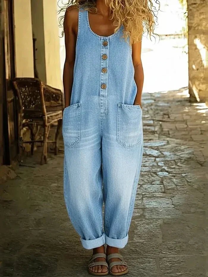 Damen Jumpsuit Jeans im Boho-Stil in Hellblau