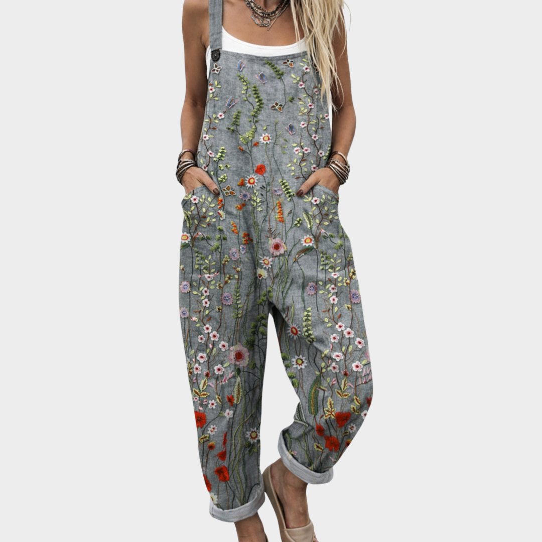 Damen Jumpsuit Leinen Blütenprint Boho in Grau / Blumen
