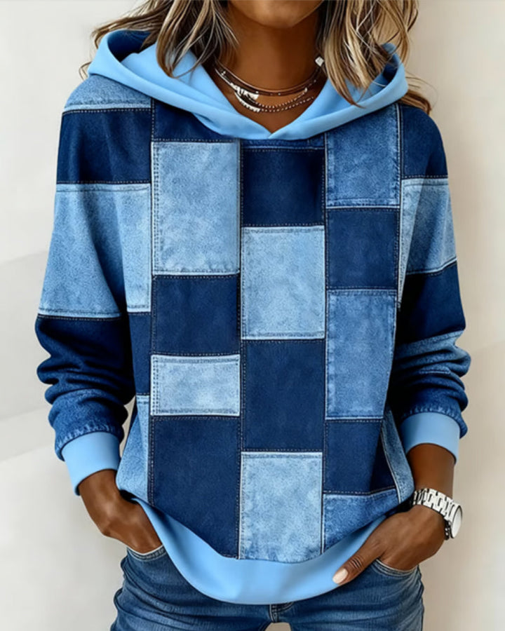 Damen Karierter Baumwoll-Hoodie für Herbst in Blau
