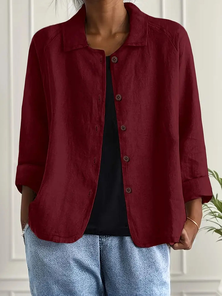 Damen Klassische leichte Baumwoll-Leinen Strickjacke in Dunkelrot
