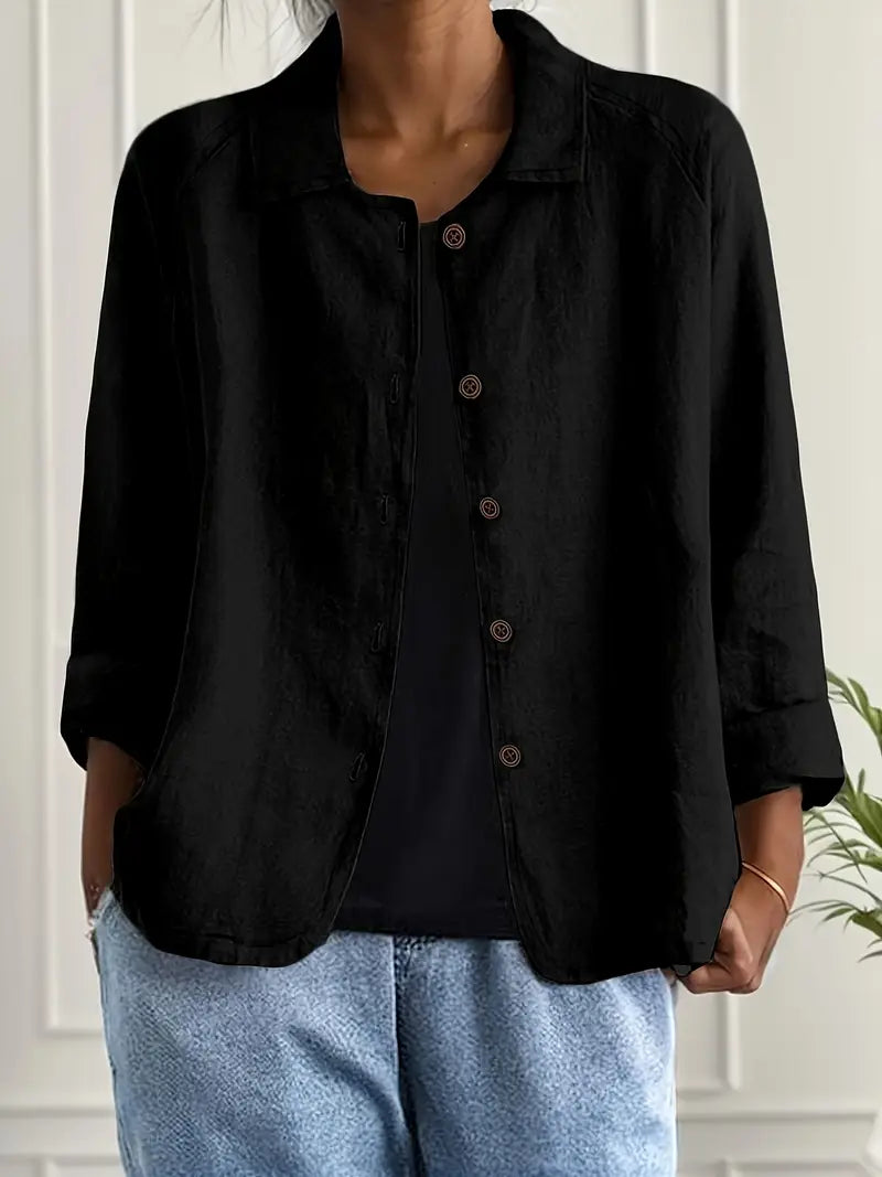 Damen Klassische leichte Baumwoll-Leinen Strickjacke in Schwarz