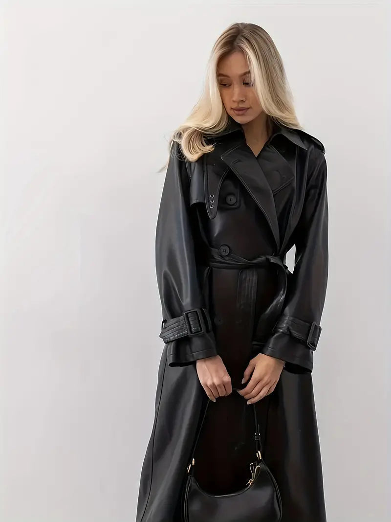 Damen Klassischer Kunstleder Trenchcoat Langform (2)