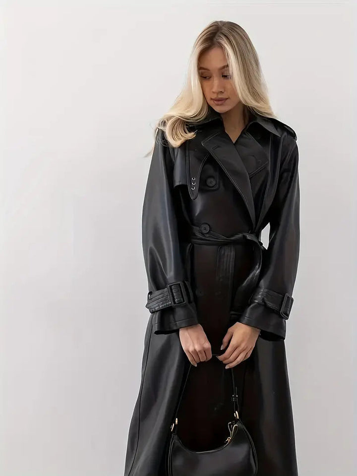 Damen Klassischer Kunstleder Trenchcoat Langform (2)