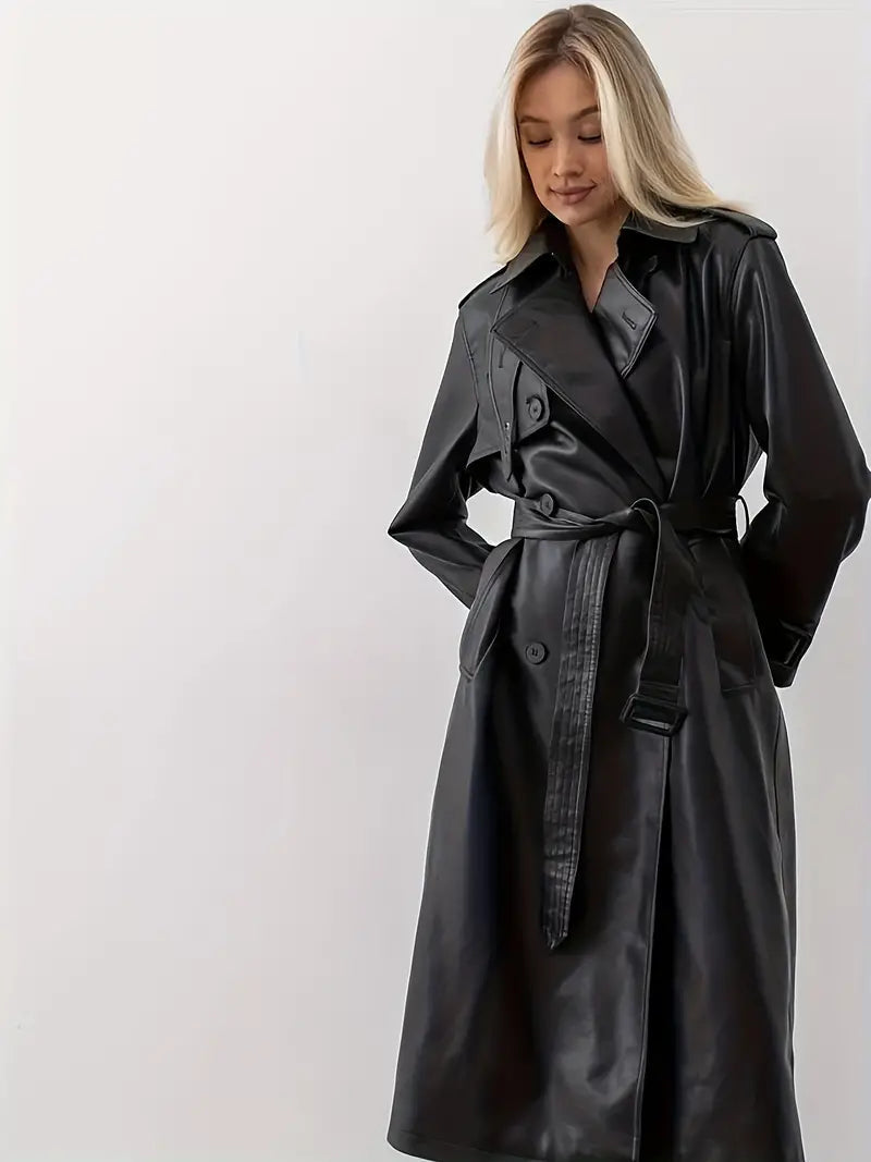 Damen Klassischer Kunstleder Trenchcoat Langform (3)