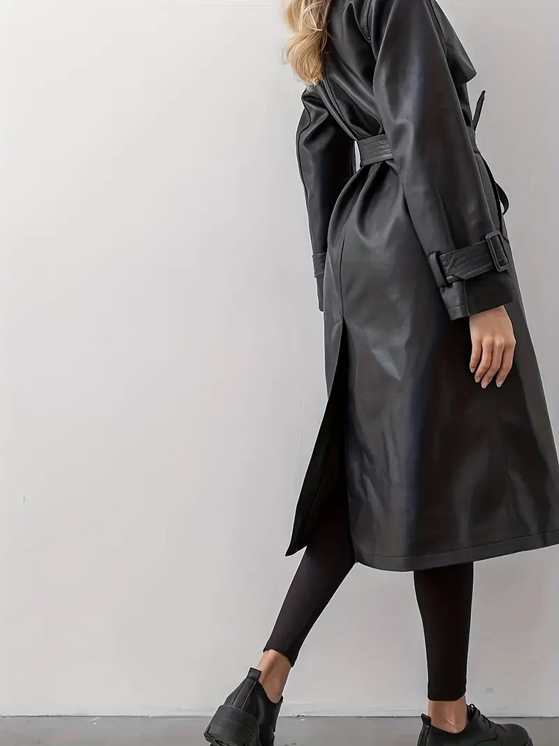 Damen Klassischer Kunstleder Trenchcoat Langform (4)