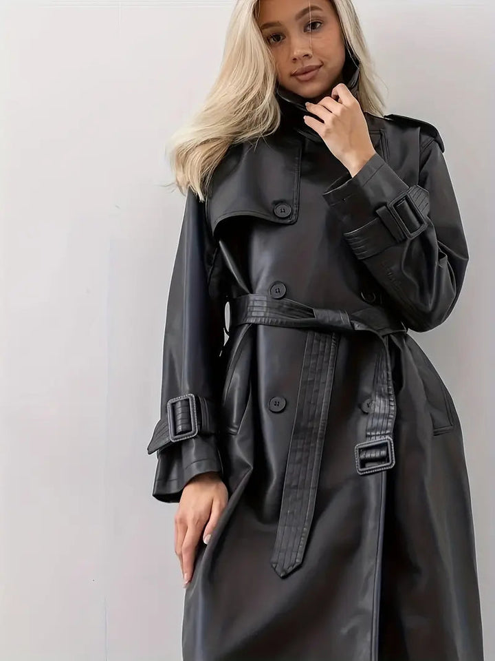 Damen Klassischer Kunstleder Trenchcoat Langform (5)