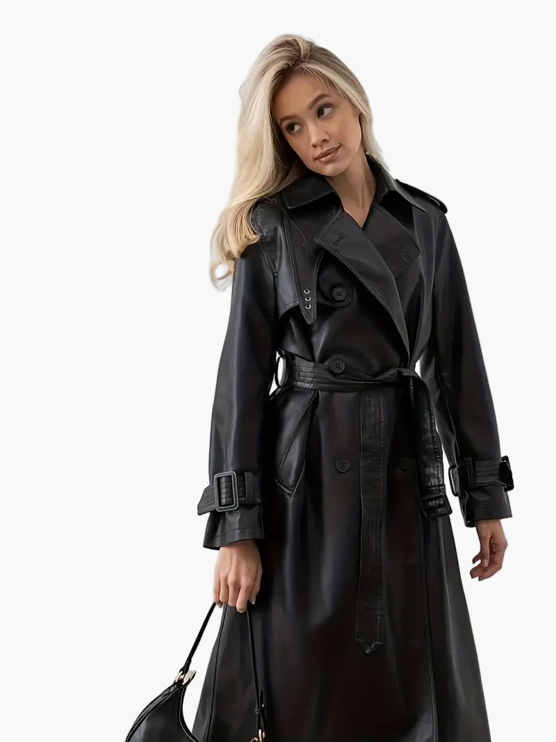 Damen Klassischer Kunstleder Trenchcoat Langform in Schwarz