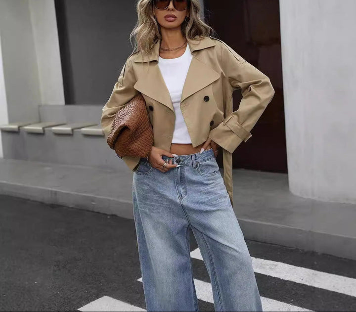 Damen Klassischer kurzer Trenchcoat für Business in Khaki