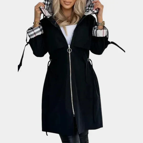 Damen Klassischer Trenchcoat mit Kapuze in Schwarz