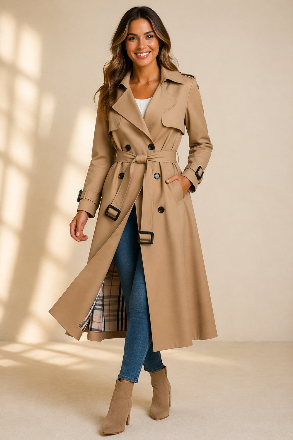 Damen klassischer Zweireihiger Trenchcoat mit Gürtel in Beige