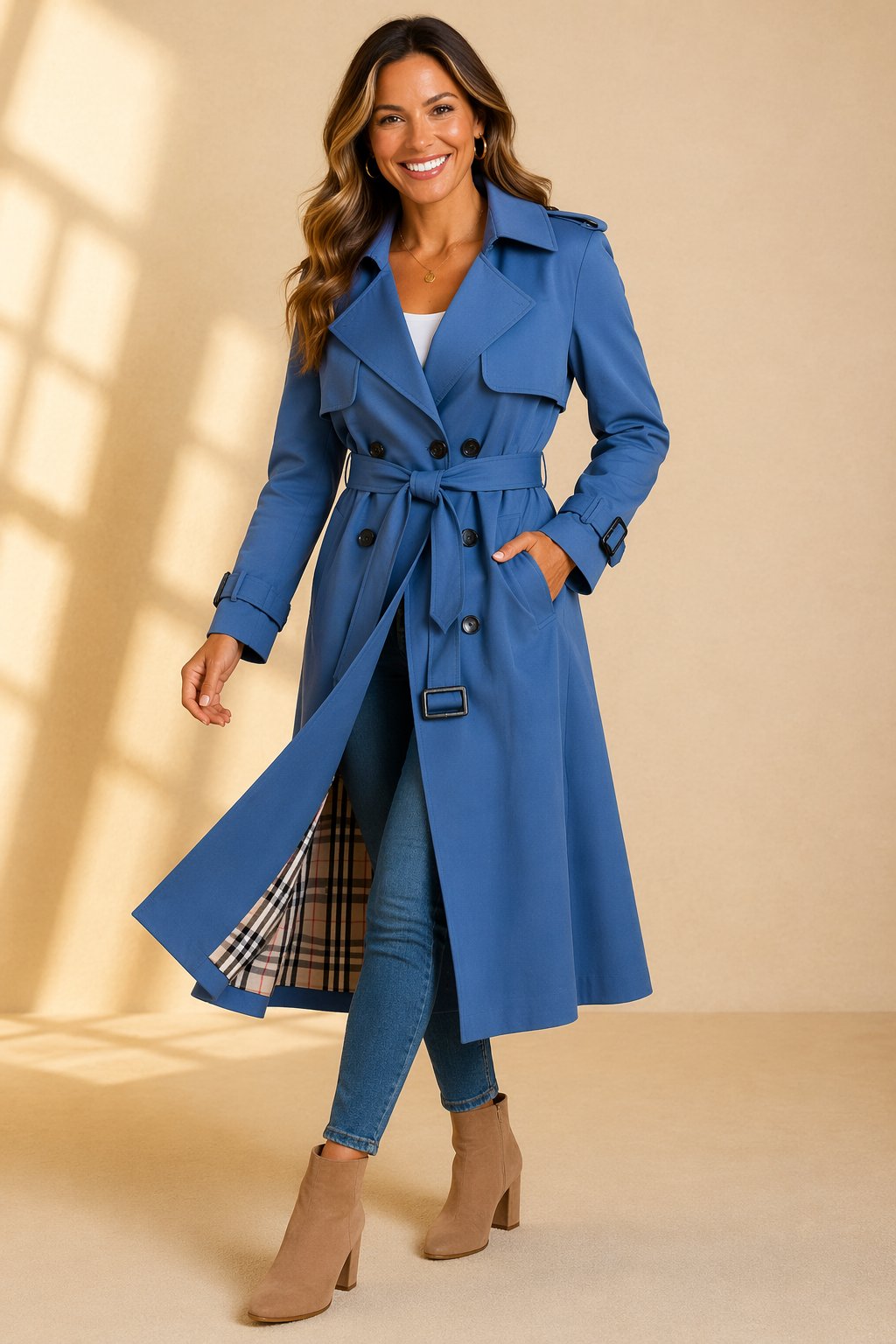 Damen klassischer Zweireihiger Trenchcoat mit Gürtel in Blau