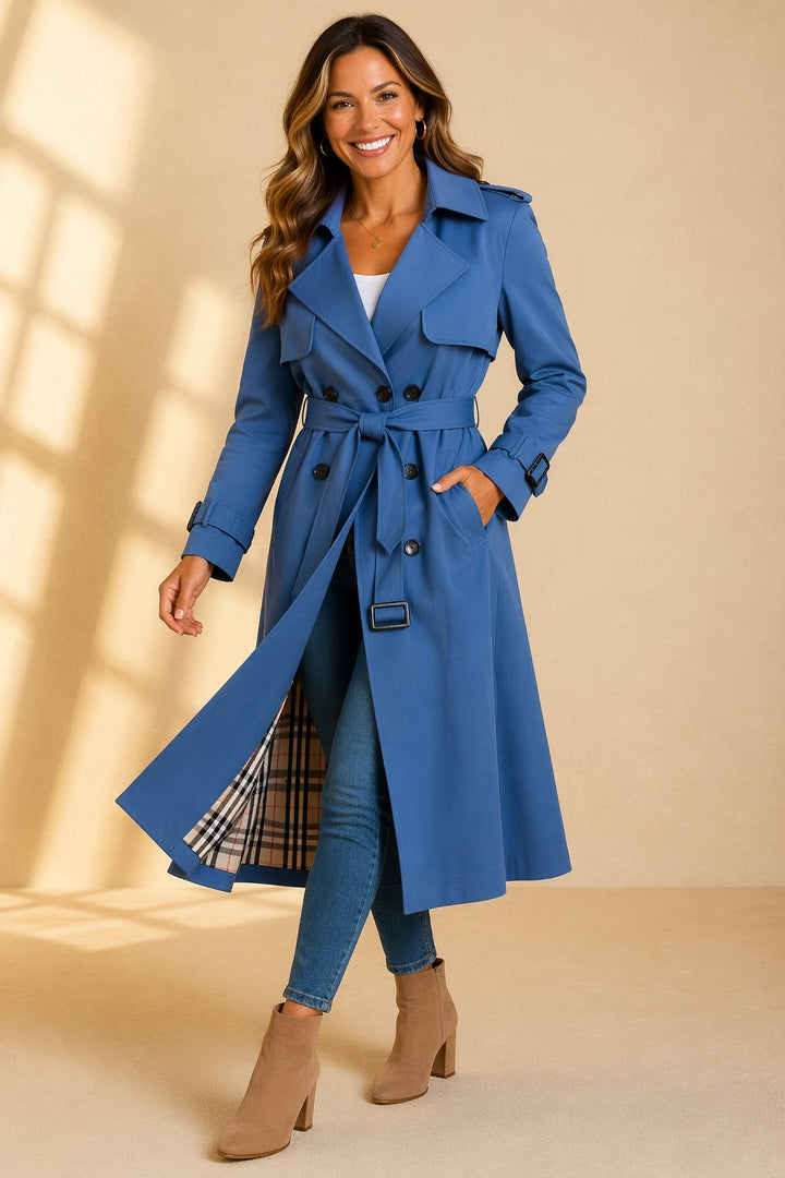 Damen klassischer Zweireihiger Trenchcoat mit Gürtel in Blau
