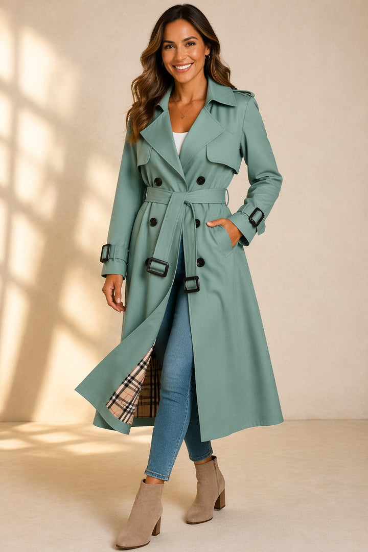 Damen klassischer Zweireihiger Trenchcoat mit Gürtel in Grün