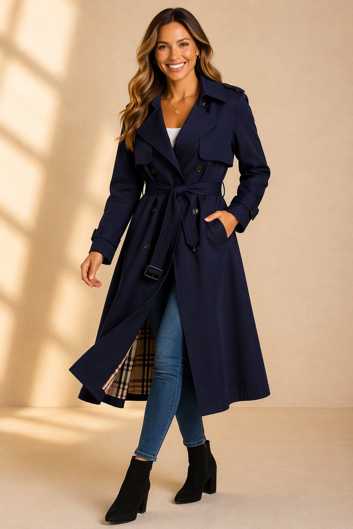 Damen klassischer Zweireihiger Trenchcoat mit Gürtel in Marineblau