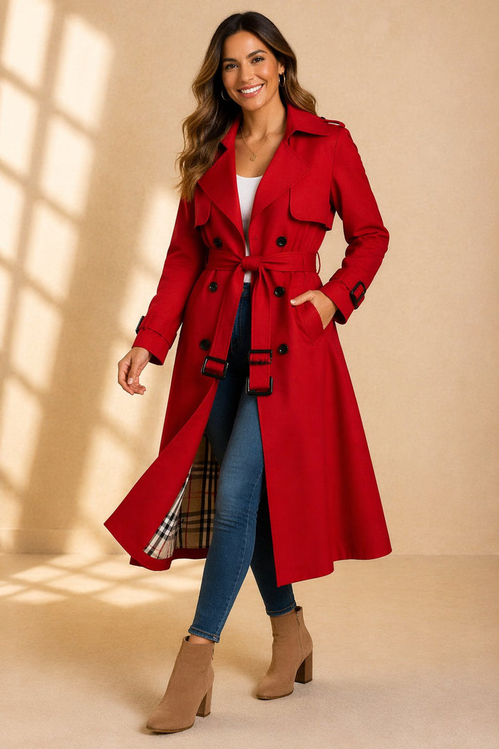 Damen klassischer Zweireihiger Trenchcoat mit Gürtel in Rot