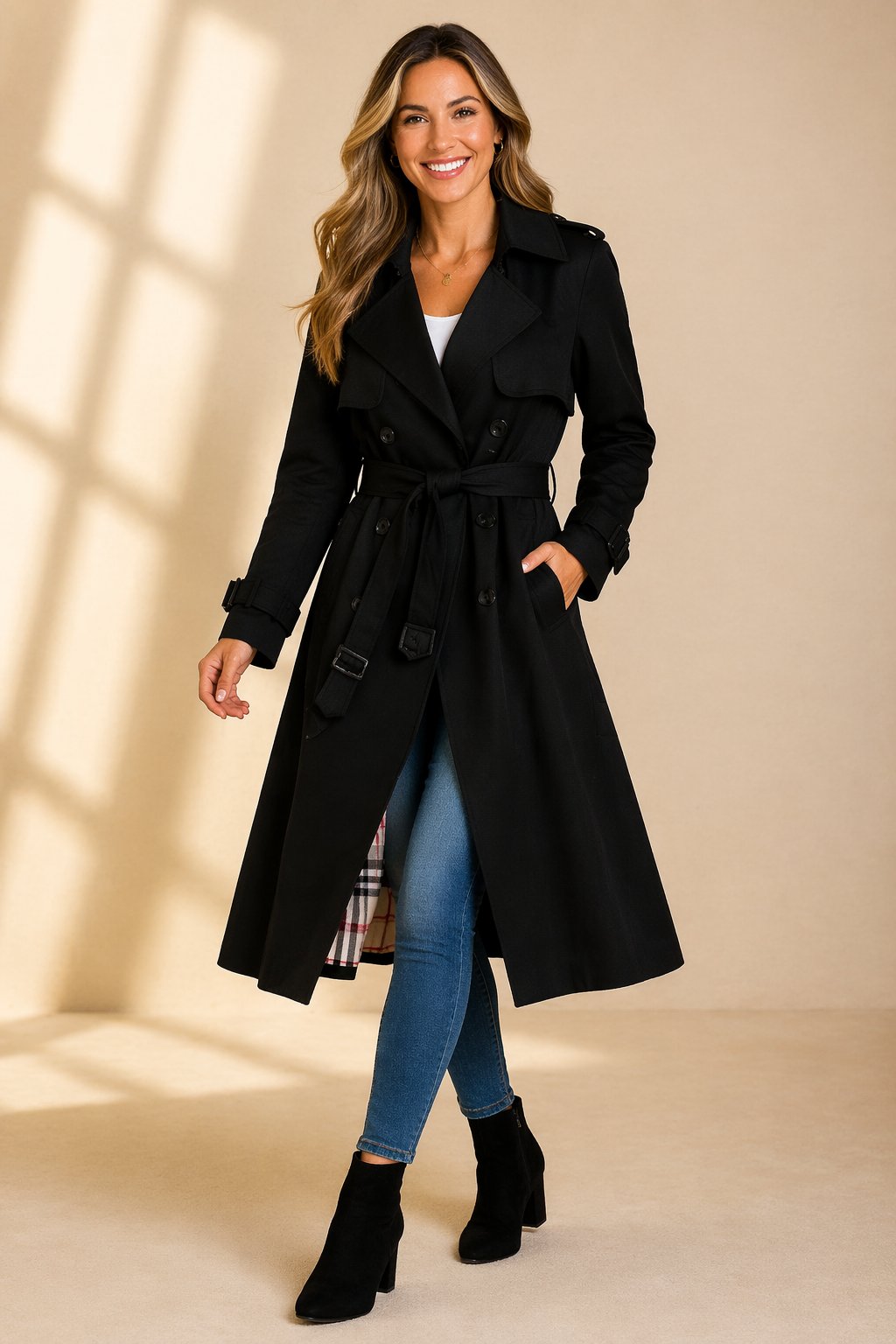 Damen klassischer Zweireihiger Trenchcoat mit Gürtel in Schwarz