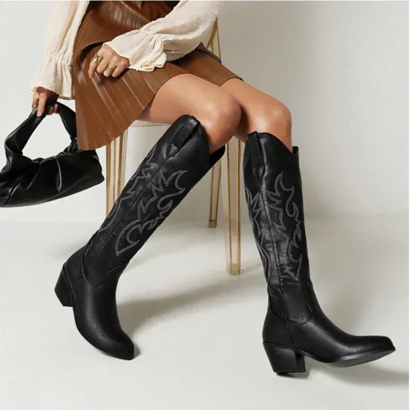 Damen Kniehohe Cowboy Lederstiefel
