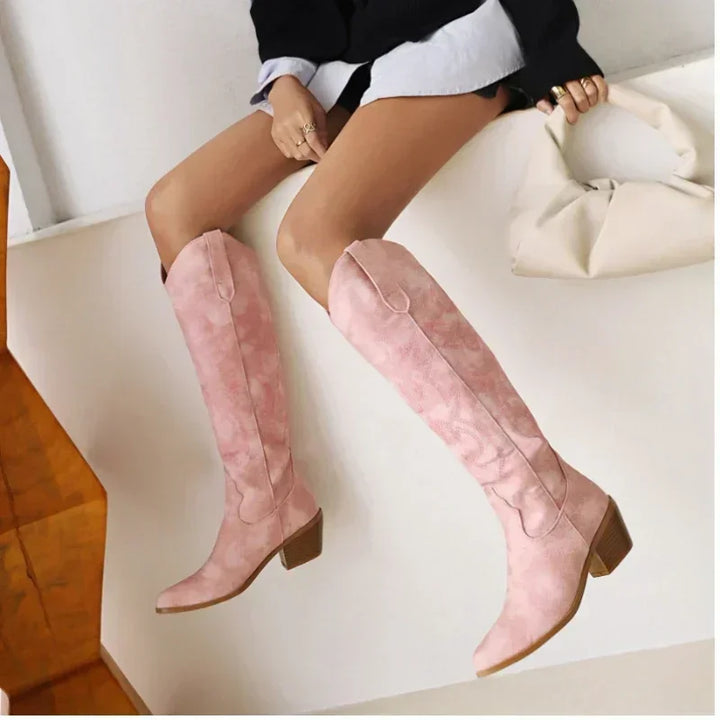 Damen Kniehohe Cowboy Lederstiefel in Rosa