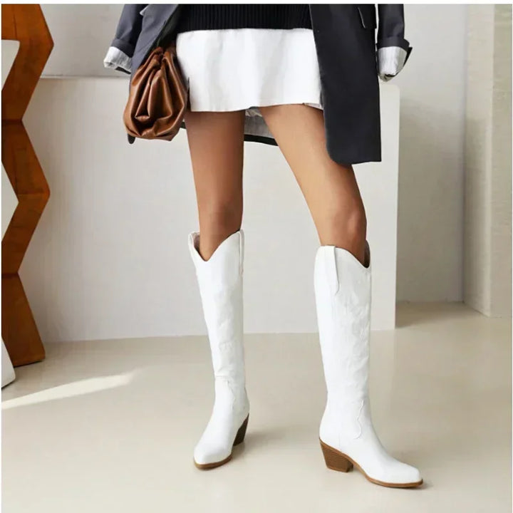 Damen Kniehohe Cowboy Lederstiefel in Weiß