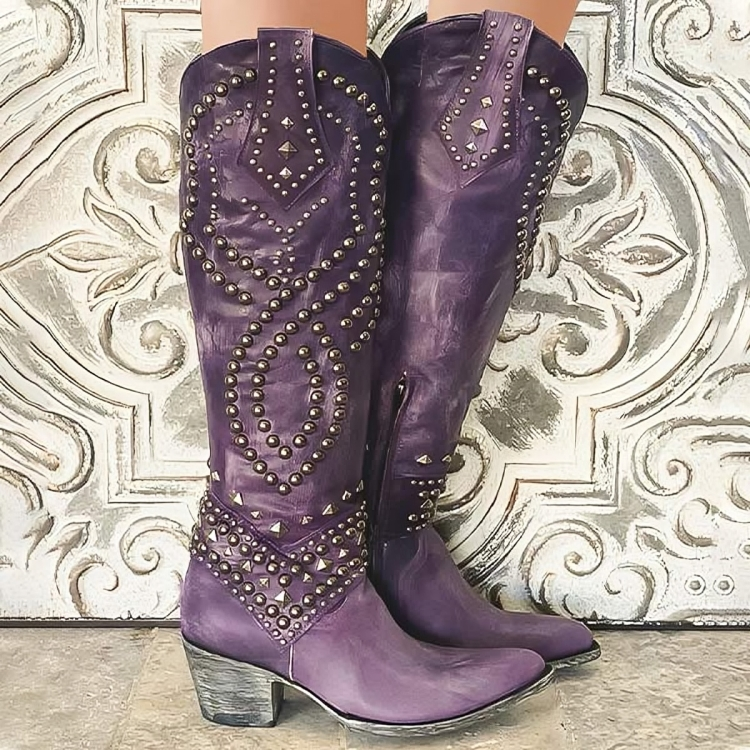 Damen Kniehohe Stiefel im Western-Stil in Lila