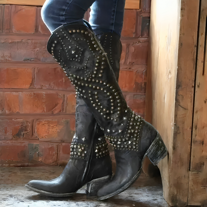 Damen Kniehohe Stiefel im Western-Stil in Schwarz