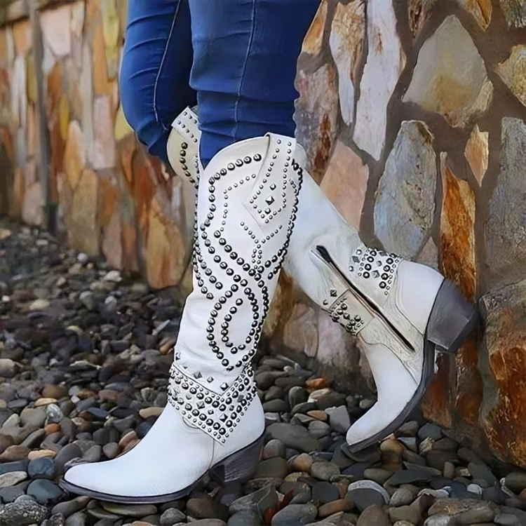 Damen Kniehohe Stiefel im Western-Stil in Weiß