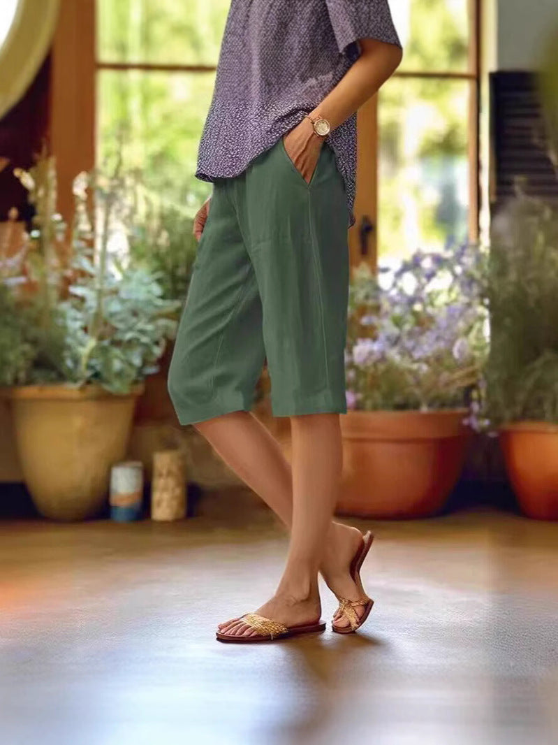Damen Knielange Lockere Leinenhose mit Seitentaschen in Grün