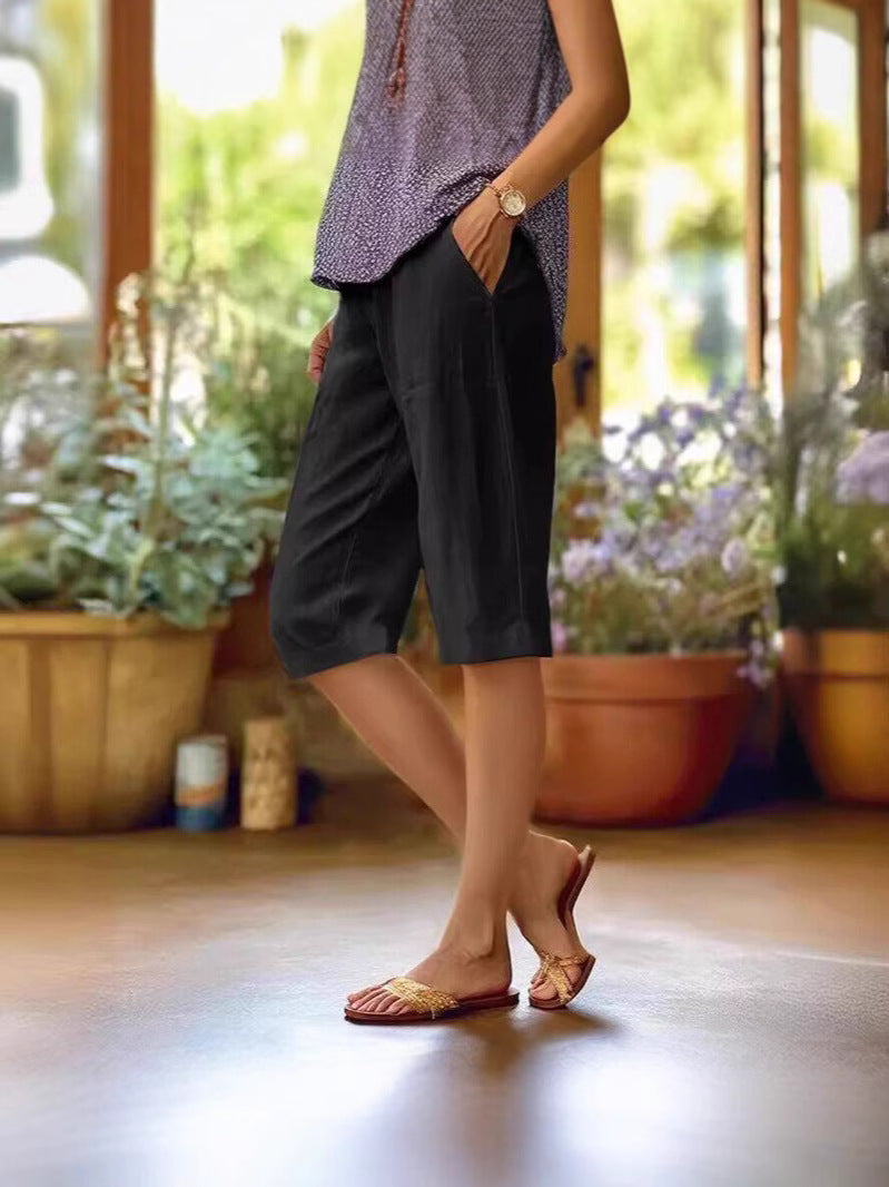Damen Knielange Lockere Leinenhose mit Seitentaschen in Schwarz