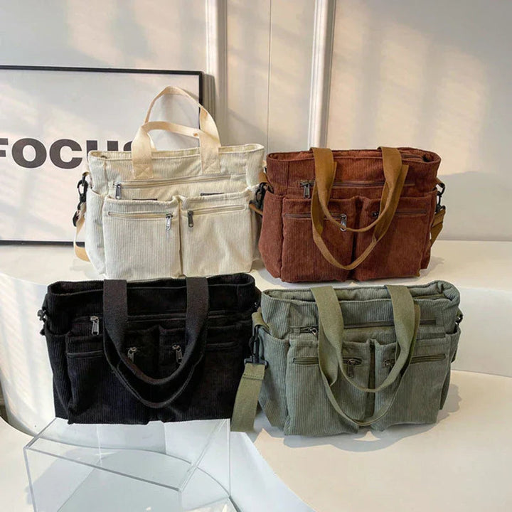 Damen Kordstoff Mehrtaschen Tragetasche mit Umhängeriemen (6)