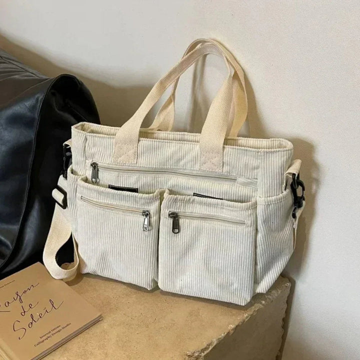 Damen Kordstoff Mehrtaschen Tragetasche mit Umhängeriemen in Beige
