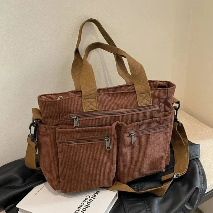 Damen Kordstoff Mehrtaschen Tragetasche mit Umhängeriemen in Braun