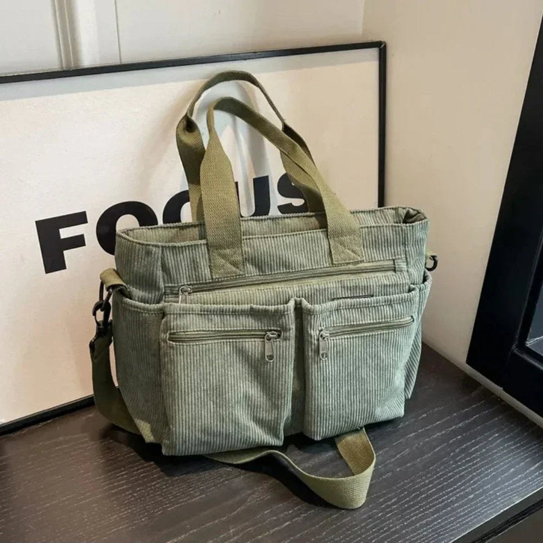 Damen Kordstoff Mehrtaschen Tragetasche mit Umhängeriemen in Grün