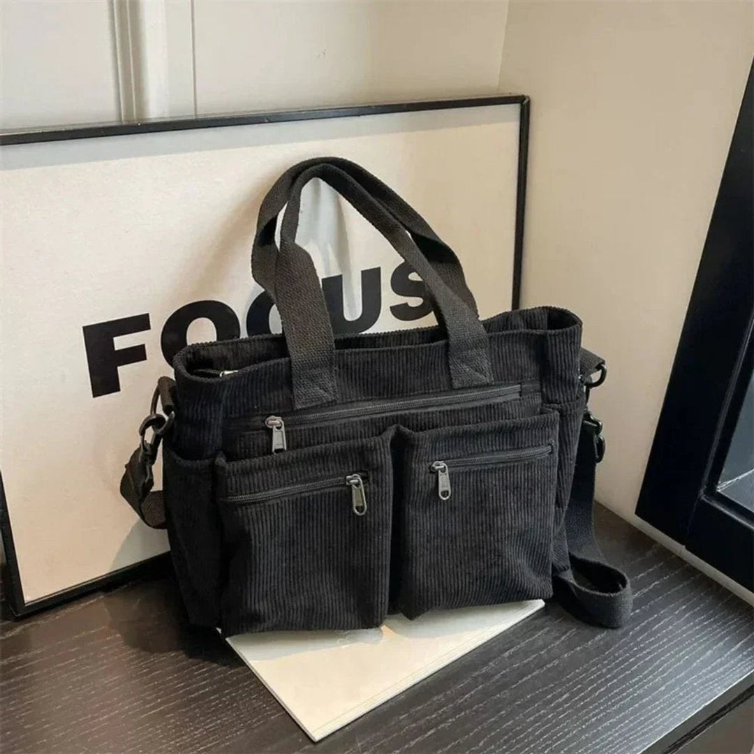 Damen Kordstoff Mehrtaschen Tragetasche mit Umhängeriemen in Schwarz