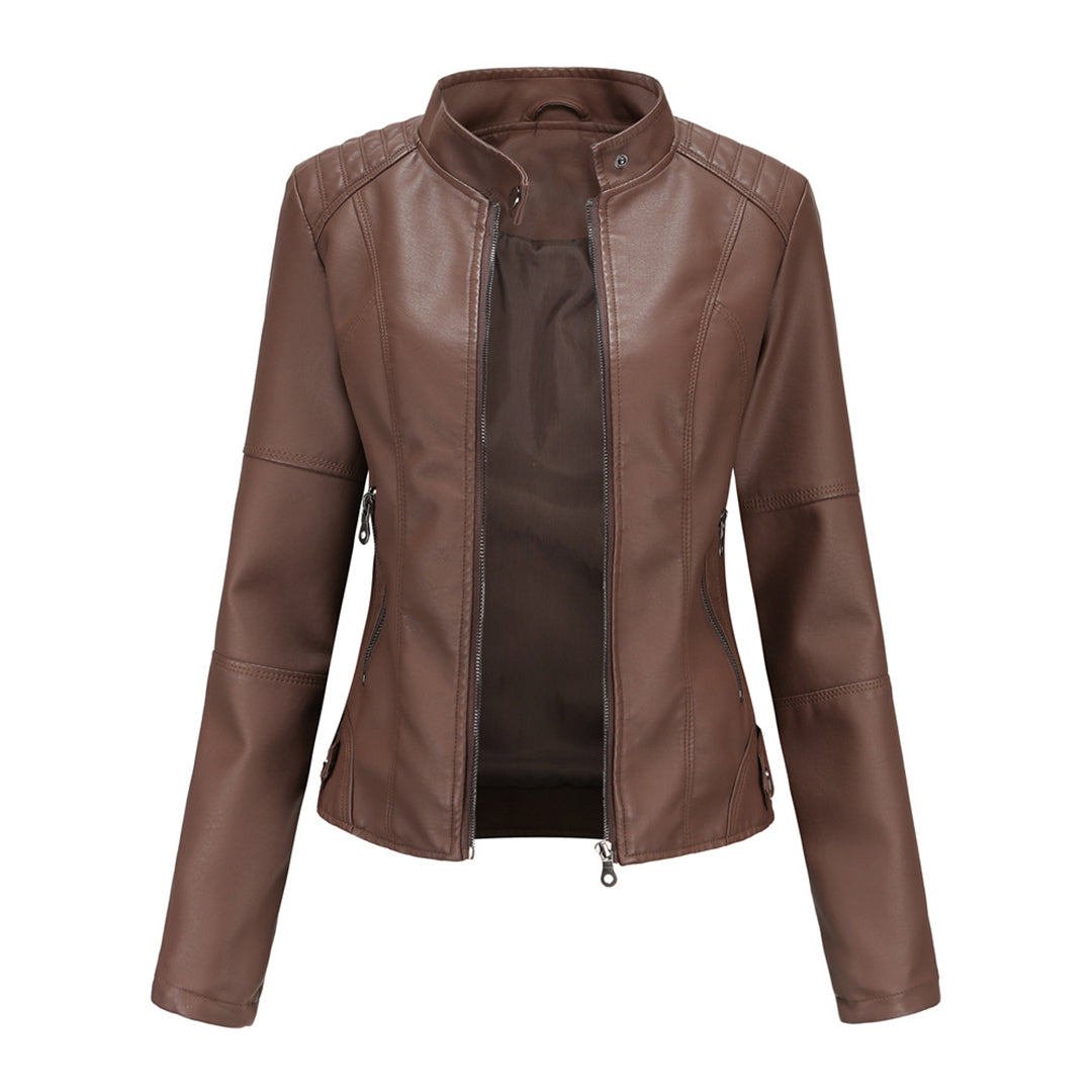 Damen Kunstleder Jacke im Biker Stil in Kaffee