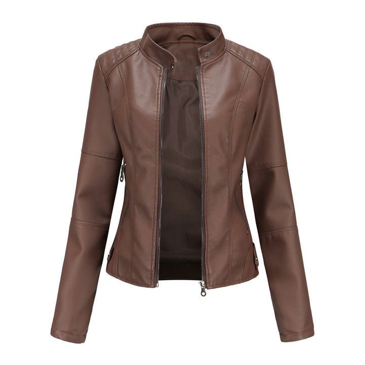 Damen Kunstleder Jacke im Biker Stil in Kaffee
