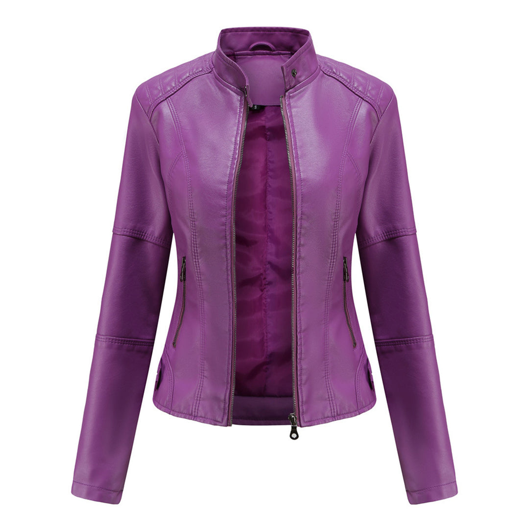 Damen Kunstleder Jacke im Biker Stil in Violett