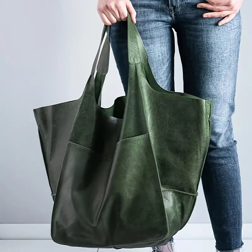 Damen Kunstleder Strukturierte Oversize-Tasche mit Magnetverschluss in Olivgrün