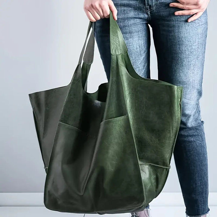 Damen Kunstleder Strukturierte Oversize-Tasche mit Magnetverschluss in Olivgrün