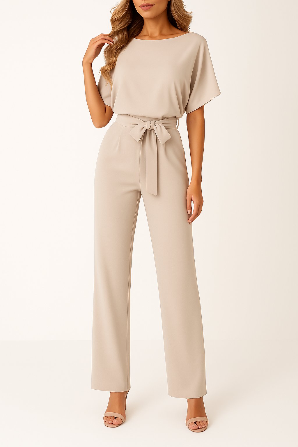 Damen Kurzarm Bindegürtel Weites-Bein Jumpsuit in Beige