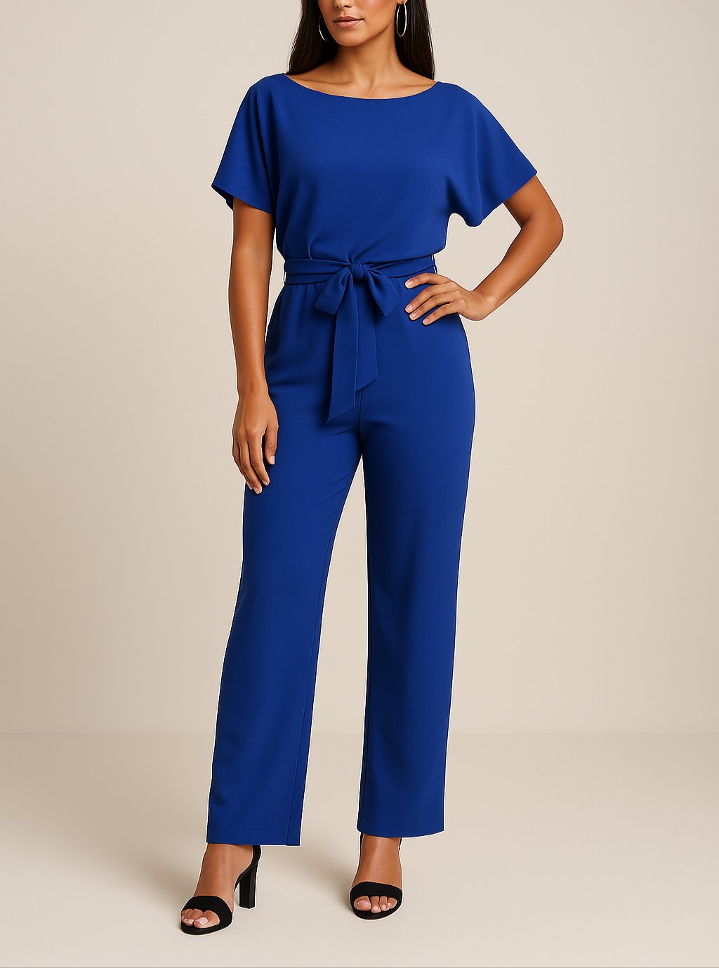Damen Kurzarm Bindegürtel Weites-Bein Jumpsuit in Blau