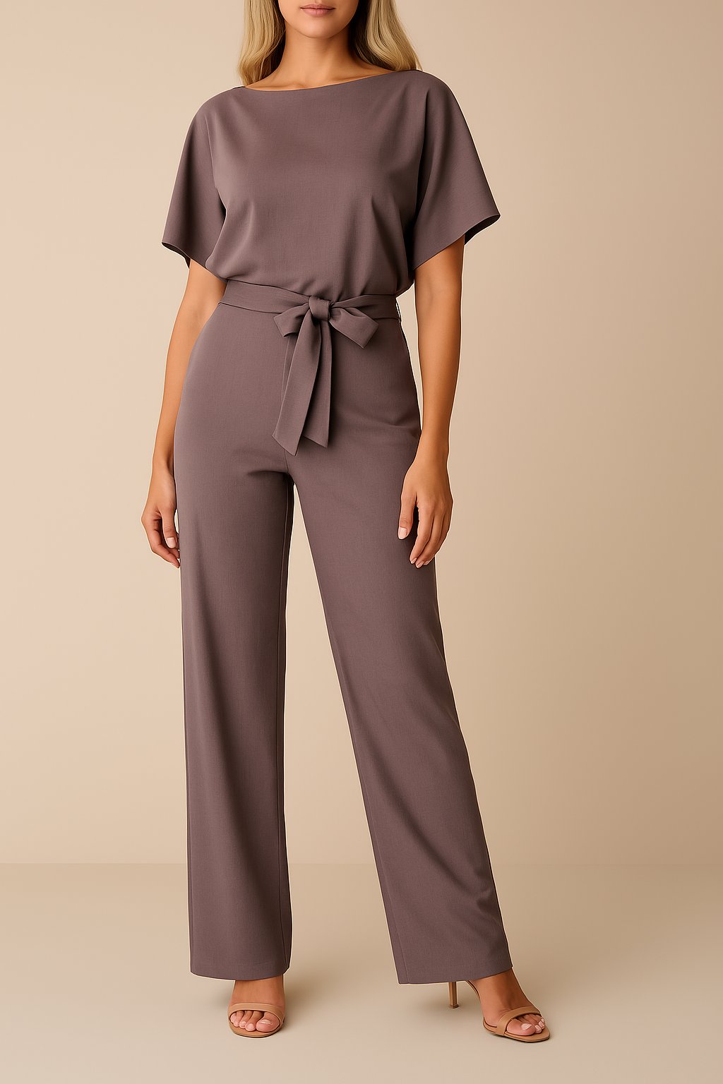 Damen Kurzarm Bindegürtel Weites-Bein Jumpsuit in Lila