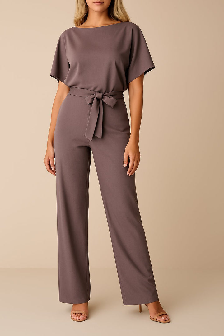 Damen Kurzarm Bindegürtel Weites-Bein Jumpsuit in Lila