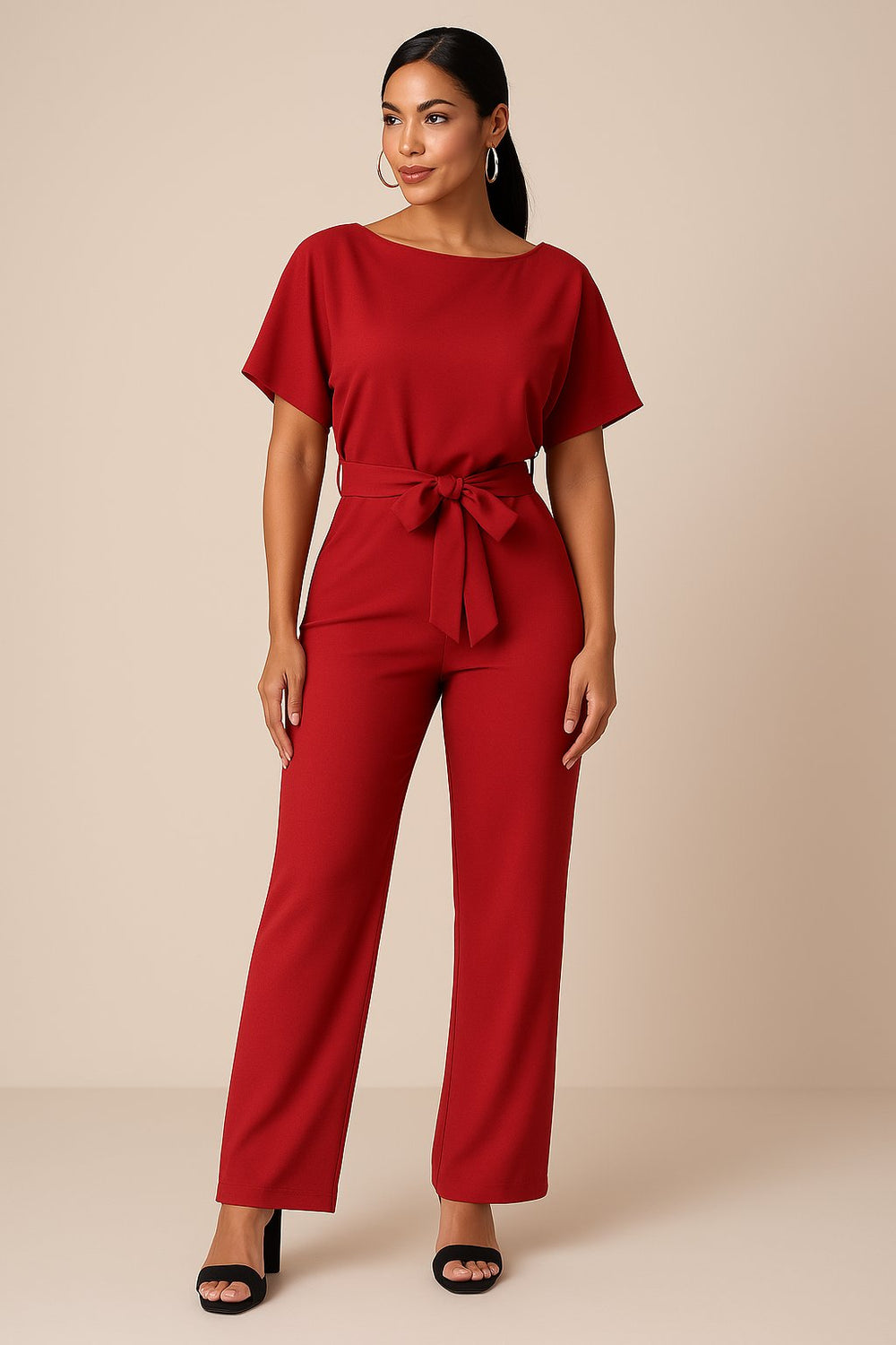 Damen Kurzarm Bindegürtel Weites-Bein Jumpsuit in Rot