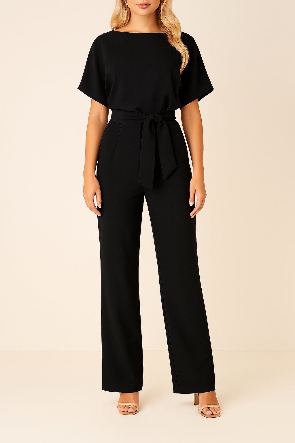 Damen Kurzarm Bindegürtel Weites-Bein Jumpsuit in Schwarz