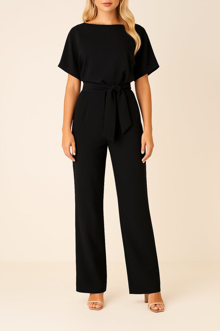 Damen Kurzarm Bindegürtel Weites-Bein Jumpsuit in Schwarz