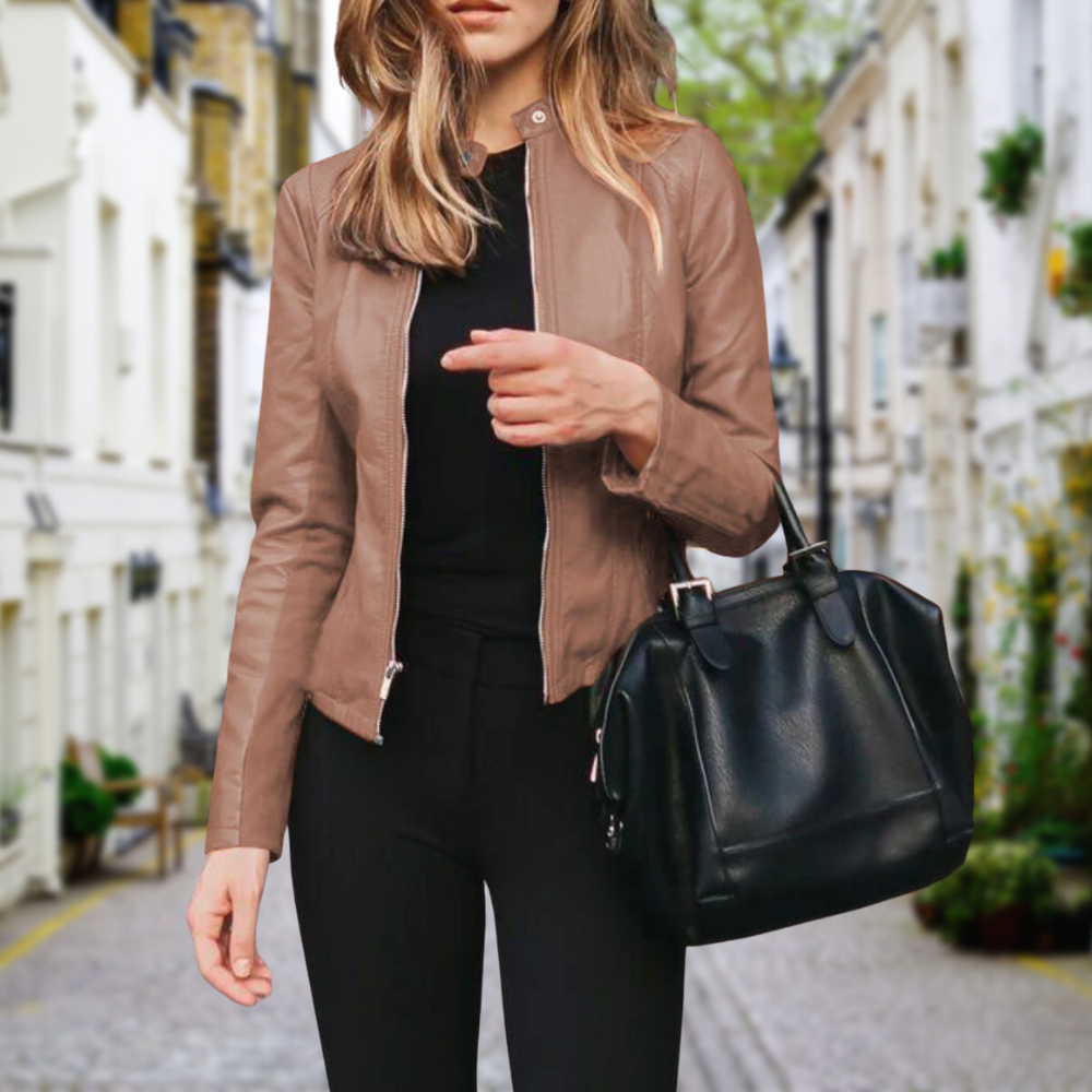 Damen Kurze Lederjacke im Bomber-Stil für Herbst in Beige