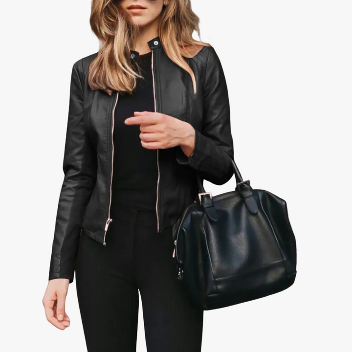 Damen Kurze Lederjacke im Bomber-Stil für Herbst in Schwarz